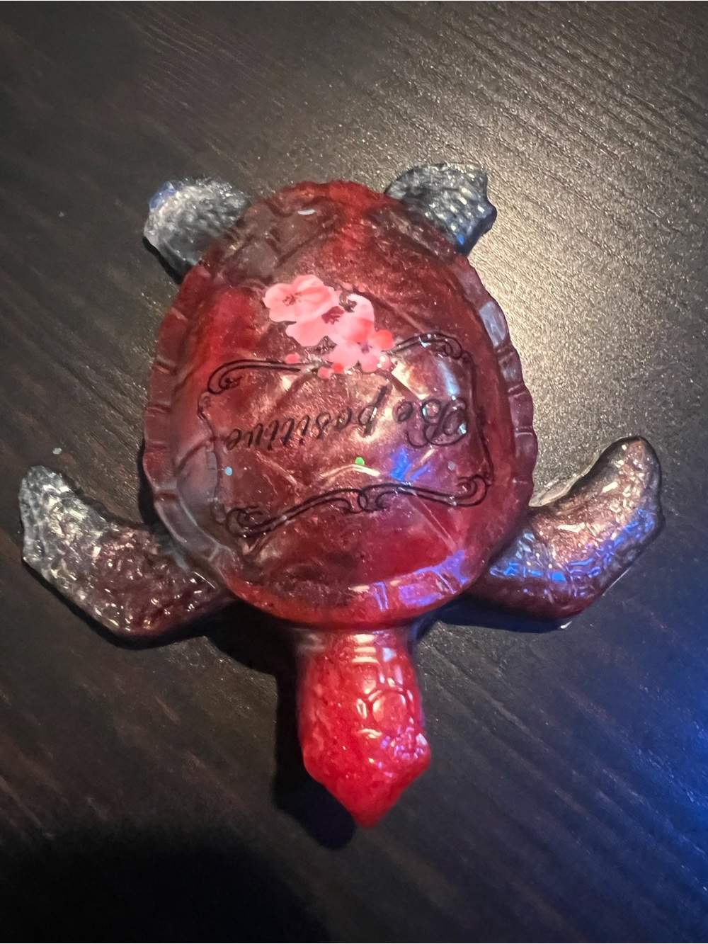 Red Decorative Turtle Resin Figurine with Floral Accent